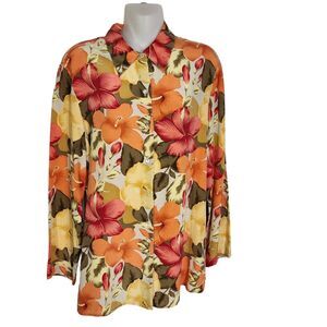 Kasper Womens Top Size 8 Floral 100% Silk Button Front Long Sleeve Multicolor